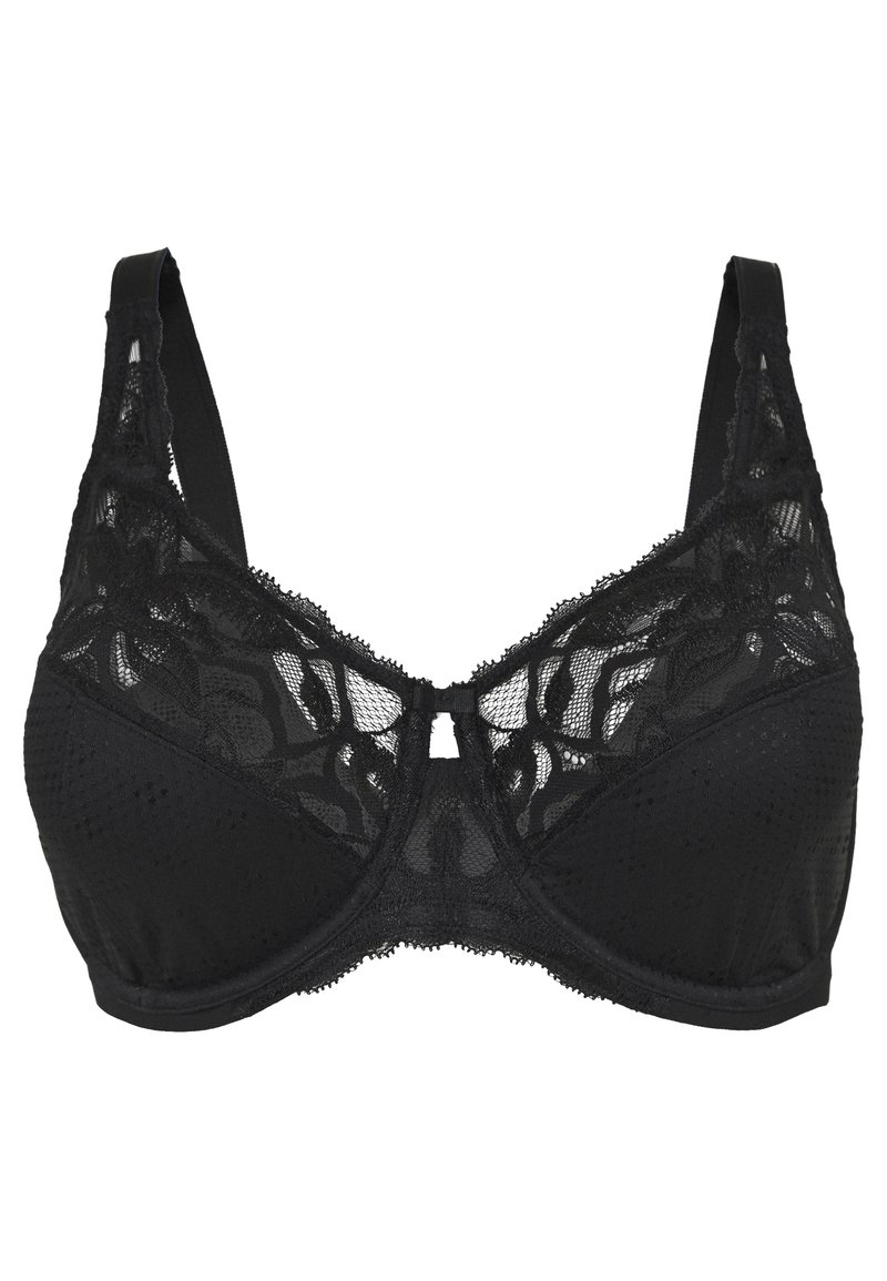 Sutiã preto com sobreposição de renda, padrão floral e alças ajustáveis. Costura horizontal abaixo das copas e detalhe em forma de chave no centro.