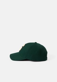 Cappello di cotone verde scuro con visiera curva, caratterizzato da un grande logo chiaro sul davanti. Design semplice, senza accenti aggiuntivi visibili.