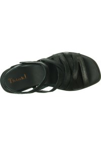 Schwarze Leder-Sandale mit überkreuztem Riemendesign. Verfügt über eine flache Sohle, offene Zehen und das "Think!"-Logo auf der Innensohle. Glatte Textur.