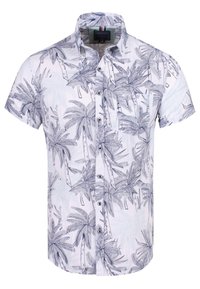 Valkoinen lyhythihainen nappipaita, jossa on harmaa ja musta palmukuosi sekä yksi rintatasku.