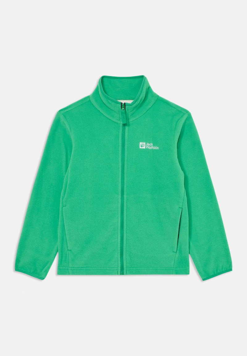 Roheline fliisteks, millel on kõrge krae, täispikk tõmblukk ja küljetaskud. Vasakul rinnal on Jack Wolfskin logo. Pehme tekstuur.