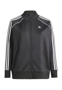 Černá bunda na zip z hladké látky, s bílým logem Adidas a třemi bílými pruhy podél rukávů a manžet.