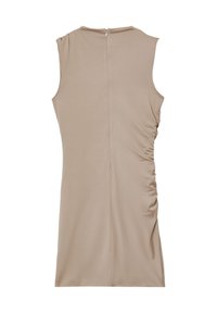 Abito senza maniche beige, con dettaglio arricciato su un lato e chiusura con zip sul retro. Tessuto morbido e liscio con una silhouette aderente.
