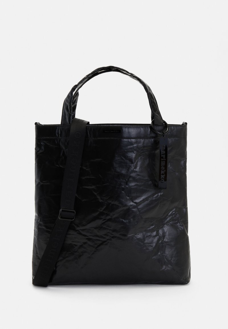 Black tote bag with a crinkled texture, sturdy handles, and a detachable strap. Features a logo tag and a rectangular shape.
