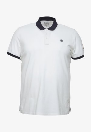 Fehér póló, tengerészkék gallérral és mandzsettákkal, három gombos kivágással, és egy kis hímzett földgömb logóval a bal mellen. Pamut keverék anyag.