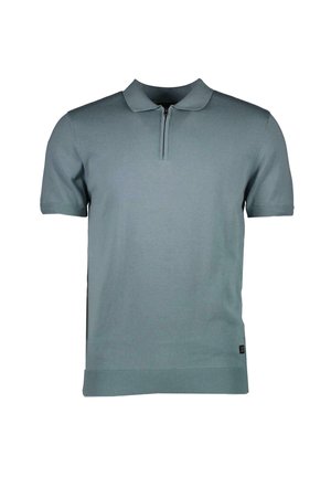 Korte mouwen polo shirt in een gedempte teal kleur. Gemaakt van zachte tricot stof met een ritssluiting bij de kraag en geribde zoom en mouwuiteinden.
