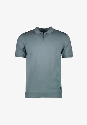 Korte mouwen polo shirt in een gedempte teal kleur. Gemaakt van zachte tricot stof met een ritssluiting bij de kraag en geribde zoom en mouwuiteinden.