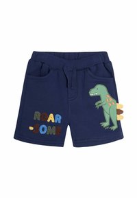 Mornarske kratke hlače s džepovima, s aplikacijom zelene dinosaurusa i izvezenim natpisom "ROAR-SOME" u više boja. Teksturna tkanina, s povlačenjem za struk.
