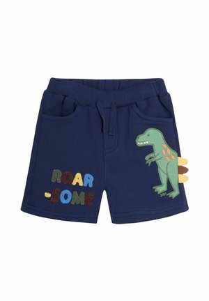 Tengeri kék sort zsebekkel, zöld dinoszaurusz applikációval és "ROAR-SOME" felirattal, színes hímzéssel. Texturált anyag, zsinóros derék.