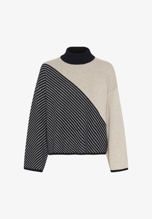Knitted sweater with a high neck, featuring a diagonal design in beige and navy with thin white stripes across the darker section.