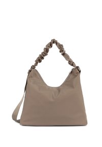 Borsa beige realizzata in materiale liscio e morbido; presenta un design sfilacciato, una parte superiore arrotondata e un manico arricciato. Include una chiusura a zip.