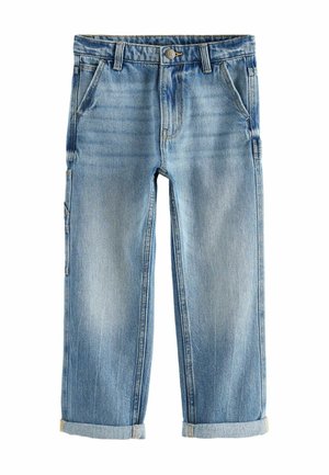 Jean en denim bleu clair avec une coupe droite, finition légèrement délavée, ourlet retroussé, cinq poches et fermeture à bouton en métal.