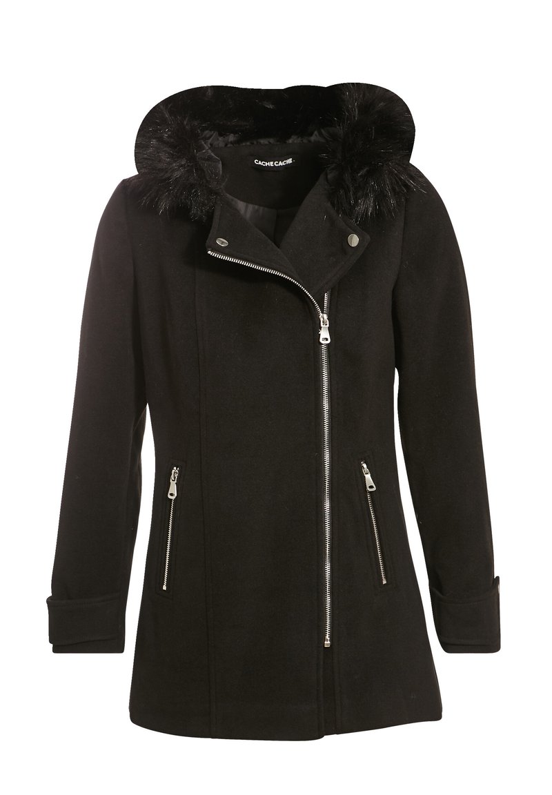 Black wool blend coat with a faux fur hood. Features a zip front and two zippered pockets. Tailored design with stitched detailing.