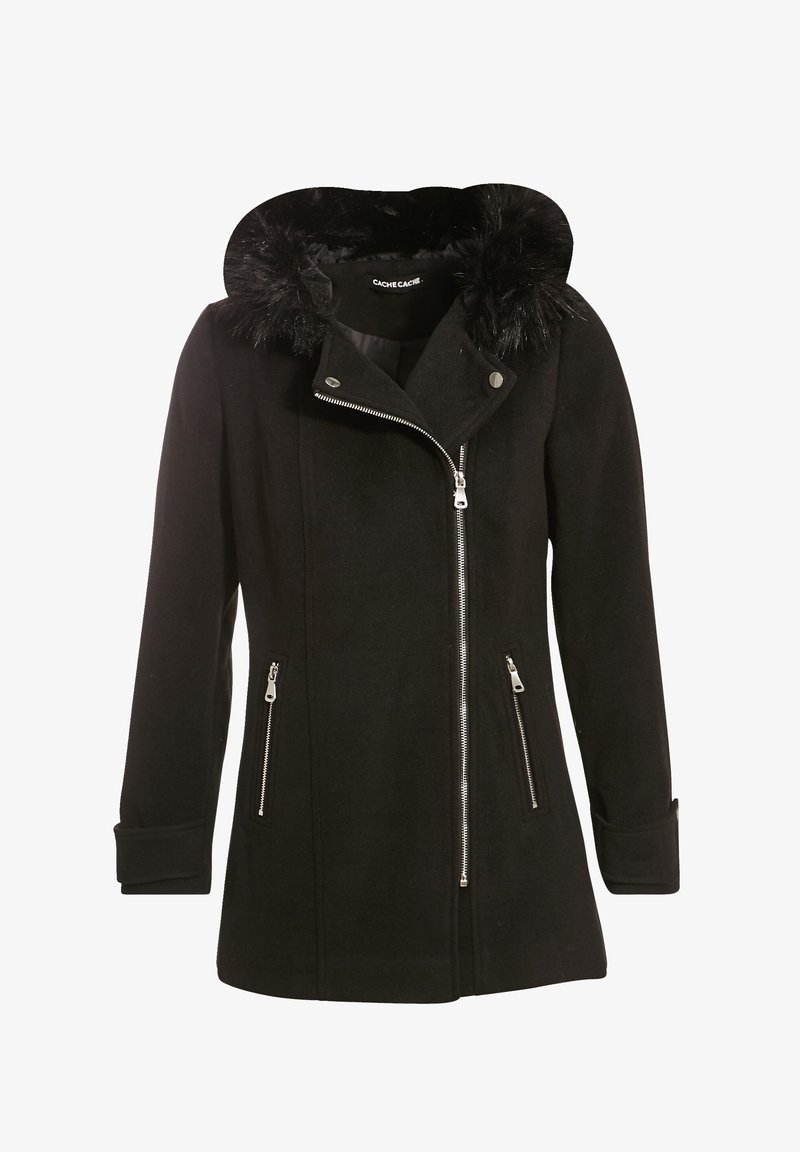 Black wool blend coat with a faux fur hood. Features a zip front and two zippered pockets. Tailored design with stitched detailing.