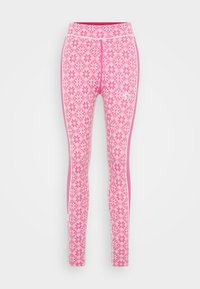 Rosa leggings med et geometrisk blomstermønster, med en bred midje, og kontrasterende sidepaneler i en lysere rosa.