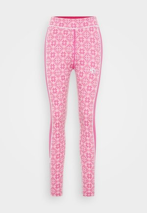 Rosa leggings med et geometrisk blomstermønster, med en bred midje, og kontrasterende sidepaneler i en lysere rosa.