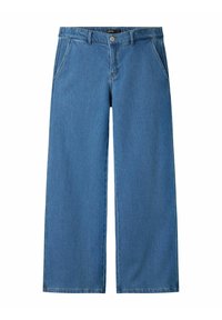 Bredbyxa i blå denim med en klassisk femficksdesign, synliga sömmar och knappstängning fram. Tillverkad av bomull, mjuk textur.