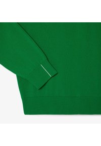 Grüner Strickpullover mit gerippten Bündchen und Saum. Verfügt über einen kontrastierenden weißen Stich am Ärmel für zusätzliche Details. Glatte Textur.