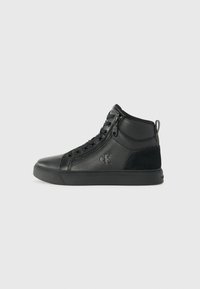 Black high-top sneakers made of textured leather and suede, featuring a zipper, lace closure, and rubber sole. Logo on the side.