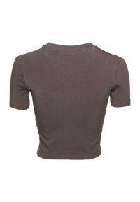 Brown short-sleeved cropped shirt with a ribbed texture and a round neckline. Features a seamless back and fitted design.