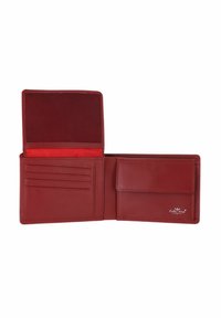 Portefeuille bifold en cuir rouge ouvert montrant des emplacements pour cartes à gauche et une poche à monnaie avec rabat à droite, logo Goldkabel Germany visible.