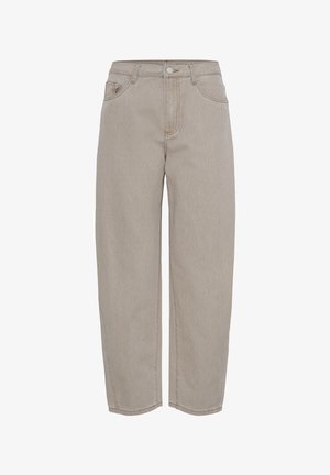 Jeans beige à coupe droite, avec fermeture par bouton et fermeture éclair, poches avant et arrière, coutures apparentes et passants pour ceinture.