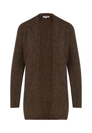 Bruine gebreide cardigan met een geribde textuur, open voorkant en lange mouwen. Heeft een ontspannen pasvorm en subtiele details.