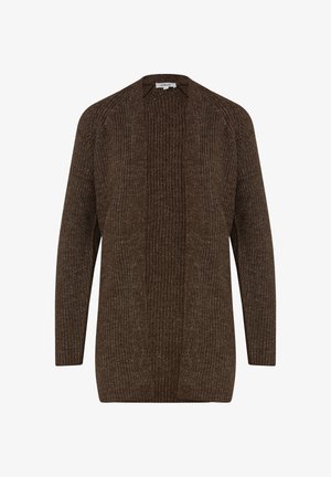 Brown knitted cardigan with a ribbed texture, open front design, and long sleeves. Features a relaxed fit and subtle detailing.
