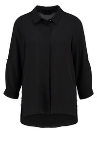 Blusa nera con colletto, maniche a tre quarti e spacchi laterali. Tessuto morbido con una trama liscia e design minimalista.
