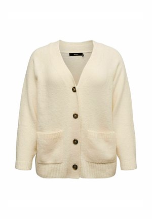 Cream-colored, textured cardigan with a V-neck, five buttons, and two front pockets. Ribbed accents at cuffs and hem. Cotton-wool blend.