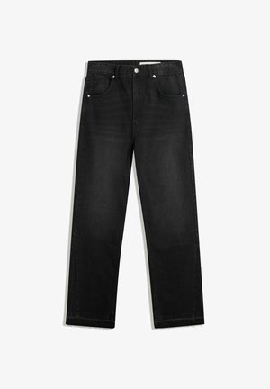 Zwarte spijkerbroek van denim met een rechte pijp, vijf zakken, contrasterende details en een onafgewerkte zoom onderaan.