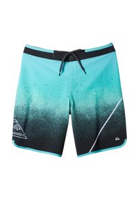 Pánske plavkové šortky v gradientnej farbe od teal po čiernu, s nastaviteľným pásom, mäkkou tkaninou a bielym akcentovaným pásikom s logom.