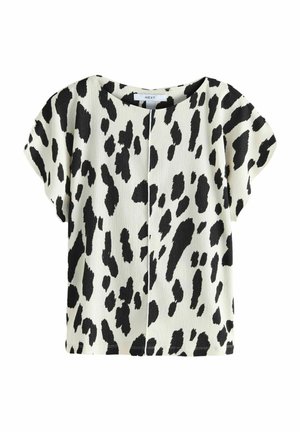 T-shirt à manches courtes avec un motif animal en noir et blanc, présentant une coupe décontractée et un tissu texturé avec un col rond.