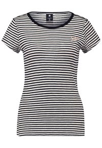 Striped short-sleeve t-shirt in navy blue and cream. Features a round neckline and a small logo accent on the chest. Soft fabric texture.