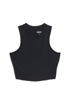 Haut court noir sans manches, cintré, avec encolure ronde et détails de couture subtils, taille petite, posé à plat sur fond blanc.