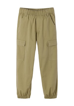 Khaki-colored cargo pants with elastic waistband and cuffs, two side pockets with flaps, and angled front pockets.