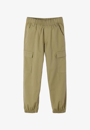 Khaki-colored cargo pants with elastic waistband and cuffs, two side pockets with flaps, and angled front pockets.