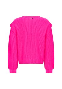 Różowy sweter z dzianiny o prążkowanej teksturze, w luźnym kroju z opadającymi ramionami. Posiada mankiety w stylu ściągacza oraz skrócony dół.