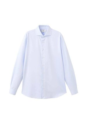 Lichtblauw shirt met lange mouwen van gladde stof, voorzien van een knoppenrij aan de voorkant, een klassieke kraag en een ontspannen pasvorm met een rechte zoom.