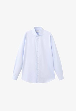 Lichtblauw shirt met lange mouwen van gladde stof, voorzien van een knoppenrij aan de voorkant, een klassieke kraag en een ontspannen pasvorm met een rechte zoom.