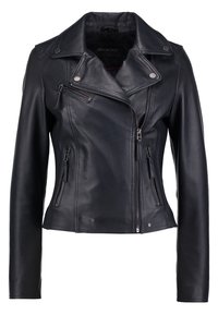 Černá kožená motorkářsk á bunda s přiléhavým střihem, asymetrickým zipem a několika zipovými kapsami. Hladká textura, límcový design a stříbrné kovové doplňky.