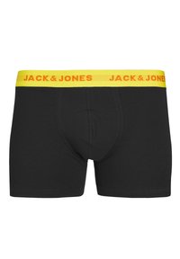 Zwarte katoenen boxershorts met een gele tailleband waarop de tekst "JACK & JONES" in oranje staat. Aansluitend ontwerp met een gladde textuur.