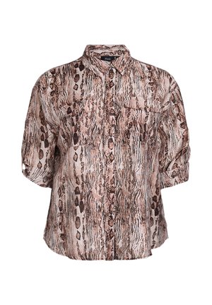 Klassisk skjorte i let materiale med et brunt og beige slangemønster, to forlommer og opallede ærmer.