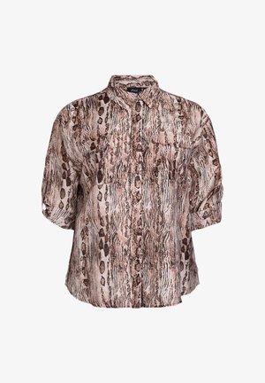 Knöpfen-Oberhemd aus leichtem Stoff mit einem braun-beigen Schlangenmuster, zwei vorderen Taschen und hochgekrempelten Ärmeln.