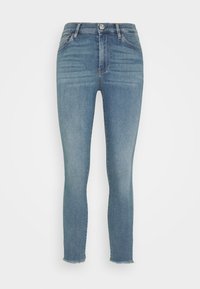 Blå skinny jeans med rå kanter, forlommer samt knap- og lynlås-lukning.