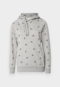 Szara bluza z kapturem z czarnym kwiatowym haftem, posiadająca sznurek ściągający, długie rękawy oraz ściągacze na dole i przy mankietach. Miękka, dzianinowa faktura.