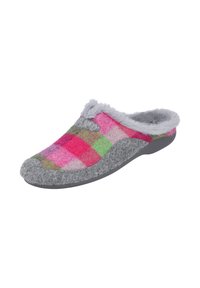 Zapatilla de casa gris con un diseño de cuadros en tonos rosa y verde, forro gris suave y suela de goma. Estilo cómodo de poner con puntera redondeada.