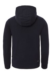 Felpa con cappuccio blu navy vista da dietro, con maniche lunghe e polsini e orlo a costine.