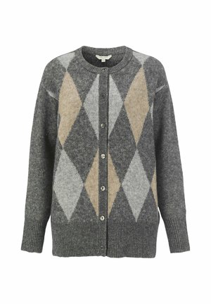 Harmaa nappilukollinen neuletakki, jossa on beige ja vaaleanharmaa timanttikuosi, ribbaatut hihansuut ja helma sekä pyöreä kaula-aukko.