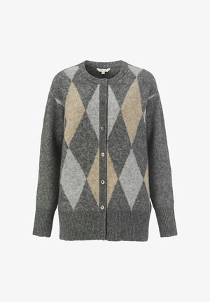 Grå knäppbar cardigan med mönster av beige och ljusgrå diamanter, ribbade ärmslut och nederkant, samt rund halsringning.